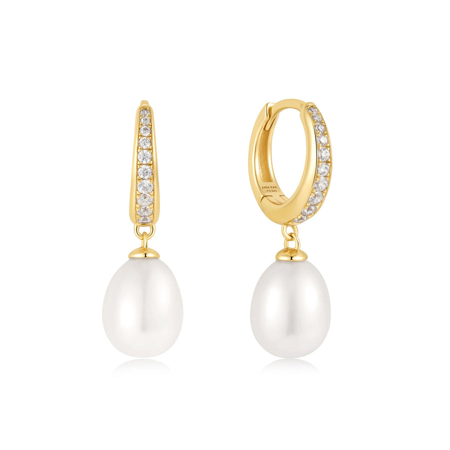 Ania Haie - Gold Freshwater Pearl and White Cubic Zirconia Pavé Drop Huggies