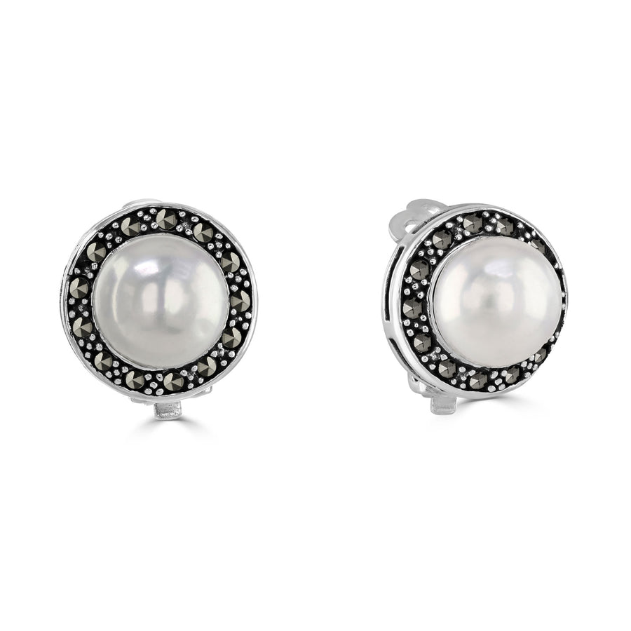 Marcasite Clip-on Pearl Cluster Earrings